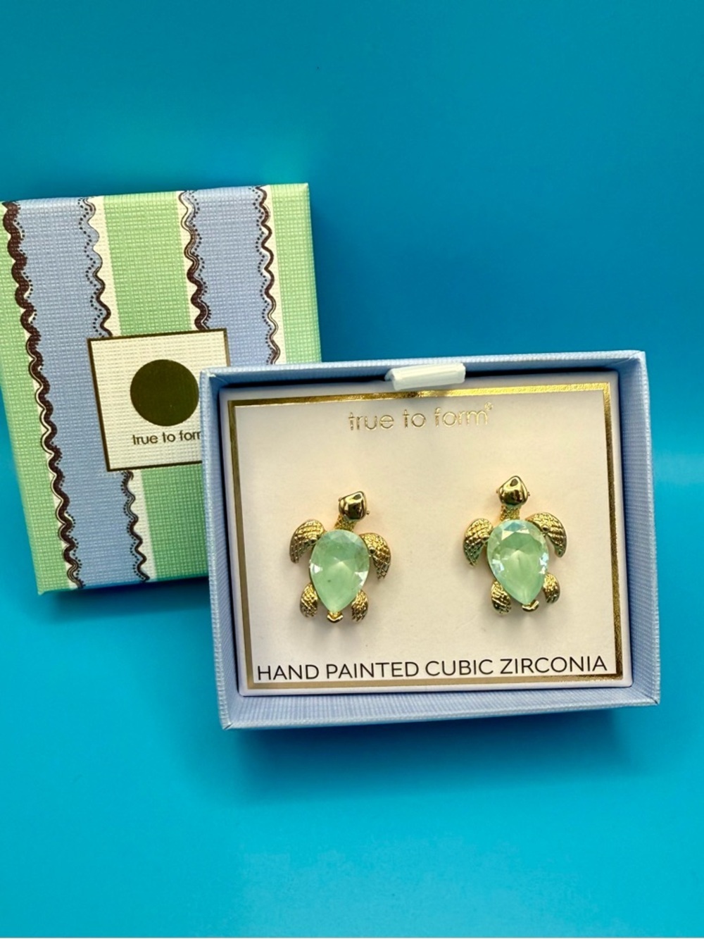 True to Form Gold Turtle Stud Earrings with Mint Green Stones